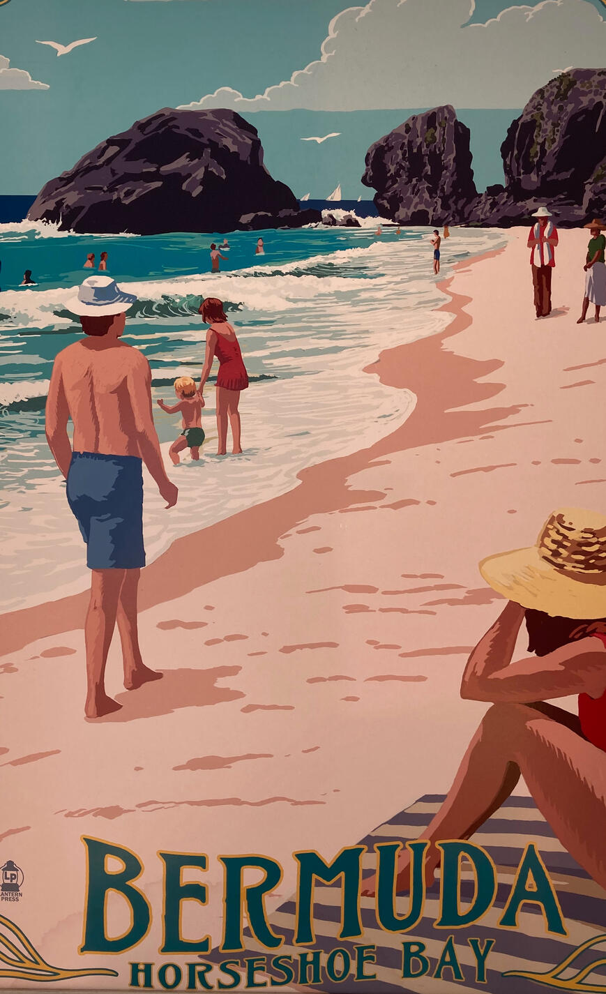 An art print of a Bermuda beach with holiday goers.